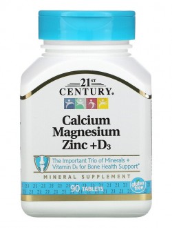 Кальцій, магній, цинк, вітамін D3, 21st Century, Cal Mag Zinc + D3, 90 таблеток